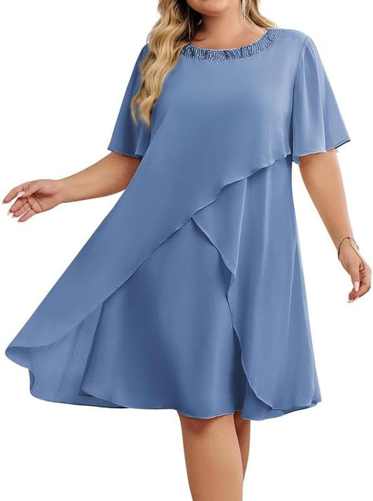 Hanna Nikole Plus Size Mother of The Bride Outfits Chiffon Wedding Guest Dress Cotail Dresses Evening Dress Festival Outfit Elegant Sequin Round Neck Formal Dresses - TrendyLookz