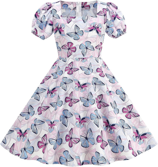 IWEMEK Kids 50s Dresses for Girls 1950s Retro Dress 50's Theme Tea Party Short Sleeve Audrey Hepburn Rockabilly Swing Dress - TrendyLookz