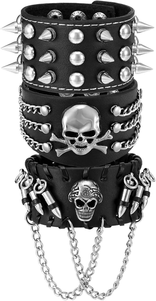 JOVIVI 3pcs Spike Studded Rivets Punk Rock Biker Wide Strap Genuine Leather Bracelets Necklace Chain Wristband Adjustable - TrendyLookz