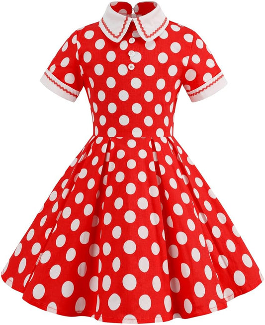 Kids Girls Vintage Polka Dot 50's Girls Dress Short Sleeve Turn - Down Collar Swing Dress Party Dress - TrendyLookz