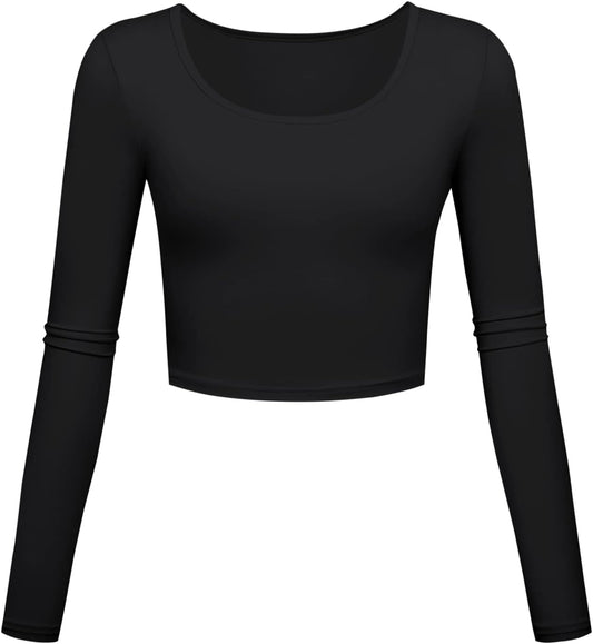 Long Sleeve Crop Tops for Women Workout Basic Clothes for Teen Ladies Fitted Slim Scoop Neck Cute Yoga Shirts - TrendyLookz