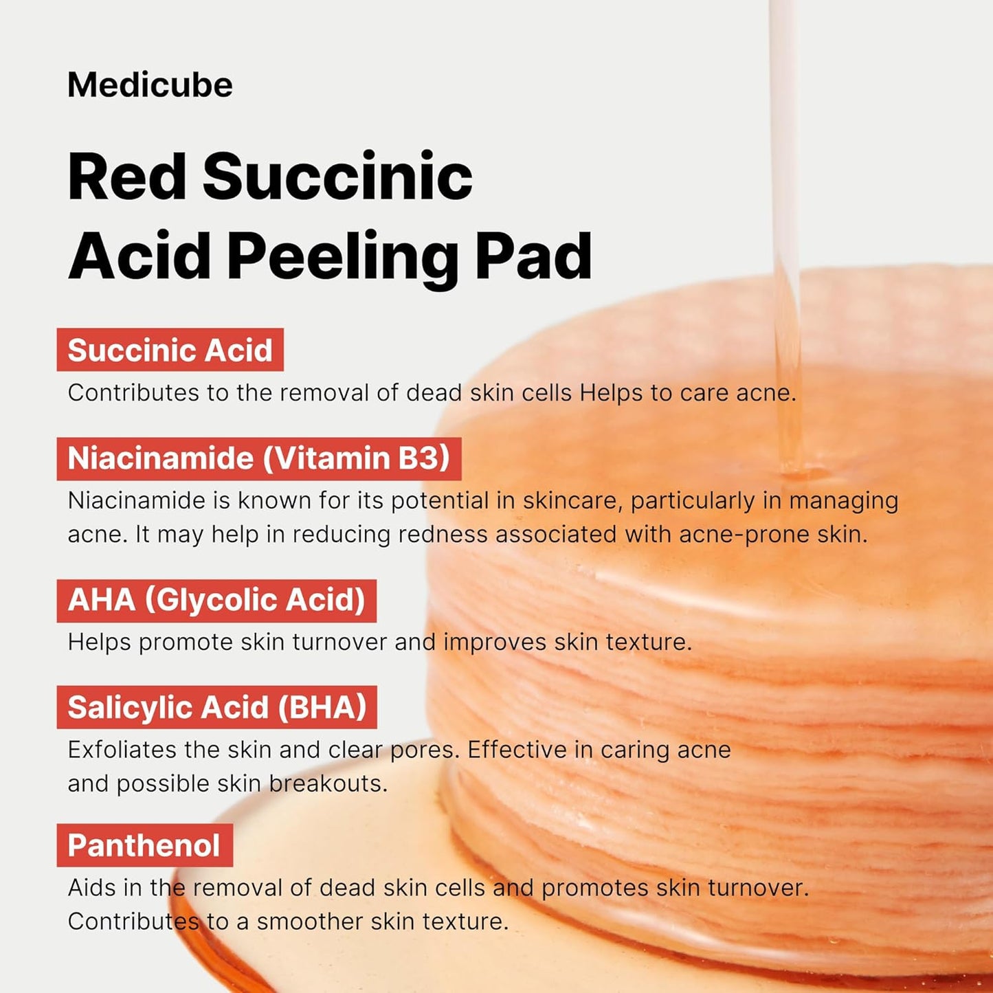Medicube Red Succinic Acid Panthenol Facial Peeling Pads - Exfoliating Toner Pads for Breakout - Prone Skin with Niacinamide, AHA, BHA, and Soothing Panthenol - Non - Comedogenic - TrendyLookz