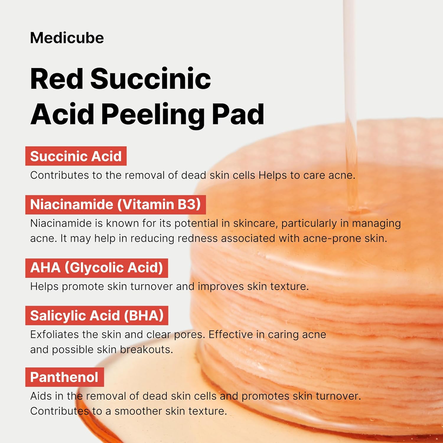 Medicube Red Succinic Acid Panthenol Facial Peeling Pads - Exfoliating Toner Pads for Breakout - Prone Skin with Niacinamide, AHA, BHA, and Soothing Panthenol - Non - Comedogenic - TrendyLookz