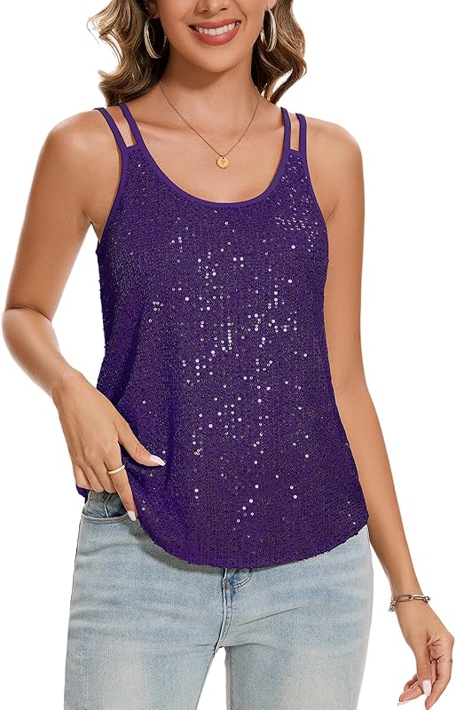 MINTLIMIT Sequin Tops for Women Sleeveless Sparkle Shimmer Tank Tops Glitter Disco Party Camisole Vest Top Blouse Shirt - TrendyLookz