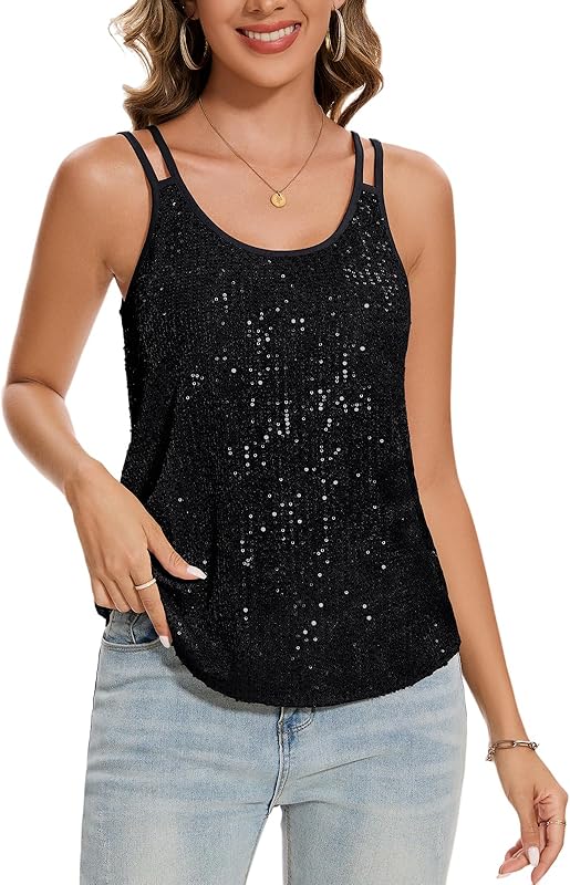 MINTLIMIT Sequin Tops for Women Sleeveless Sparkle Shimmer Tank Tops Glitter Disco Party Camisole Vest Top Blouse Shirt - TrendyLookz