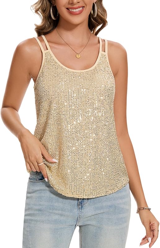 MINTLIMIT Sequin Tops for Women Sleeveless Sparkle Shimmer Tank Tops Glitter Disco Party Camisole Vest Top Blouse Shirt - TrendyLookz