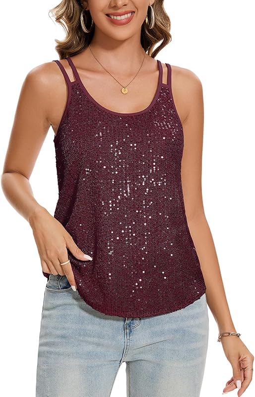 MINTLIMIT Sequin Tops for Women Sleeveless Sparkle Shimmer Tank Tops Glitter Disco Party Camisole Vest Top Blouse Shirt - TrendyLookz