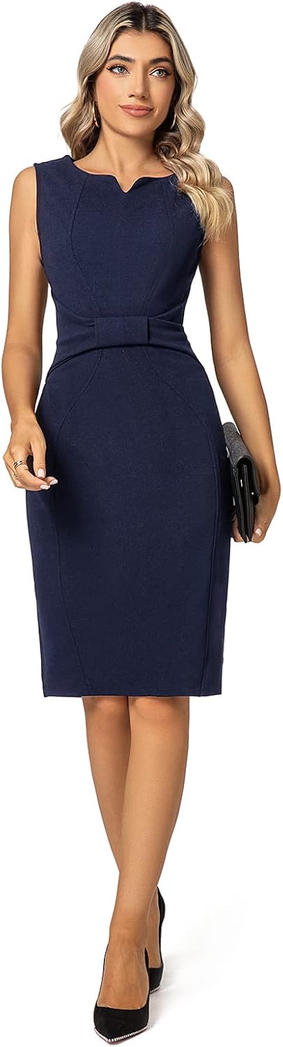 MINTLIMIT Women Sheath Dress Notch V Neck 3/4 Sleeve Bow Waist Wear to Work Pencil Dresses - TrendyLookz