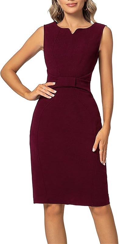 MINTLIMIT Women Sheath Dress Notch V Neck 3/4 Sleeve Bow Waist Wear to Work Pencil Dresses - TrendyLookz