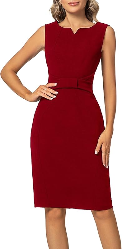 MINTLIMIT Women Sheath Dress Notch V Neck 3/4 Sleeve Bow Waist Wear to Work Pencil Dresses - TrendyLookz