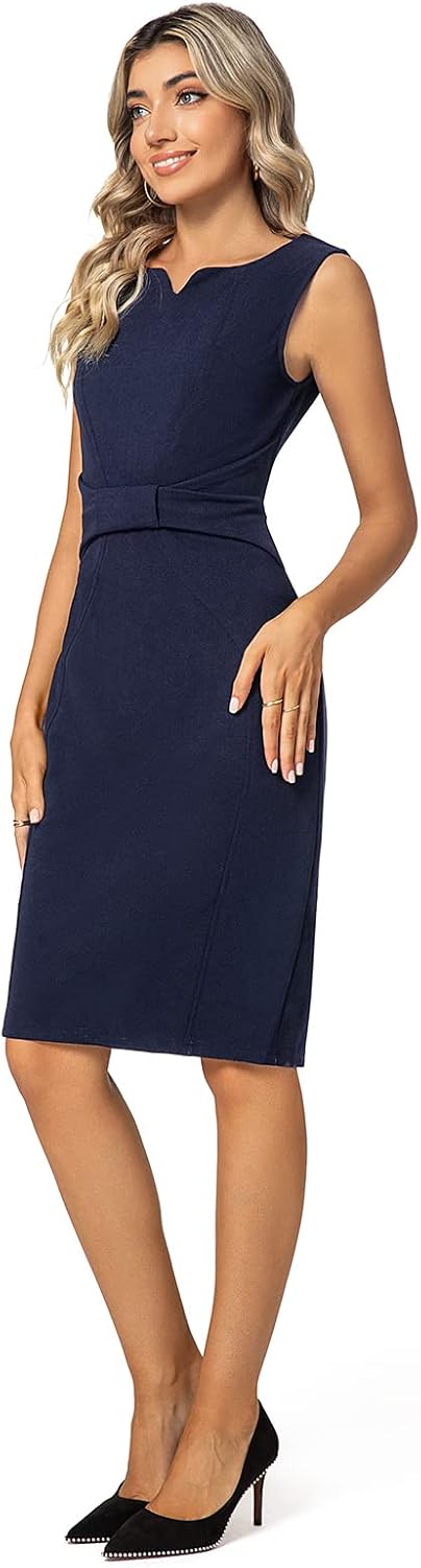 MINTLIMIT Women Sheath Dress Notch V Neck 3/4 Sleeve Bow Waist Wear to Work Pencil Dresses - TrendyLookz
