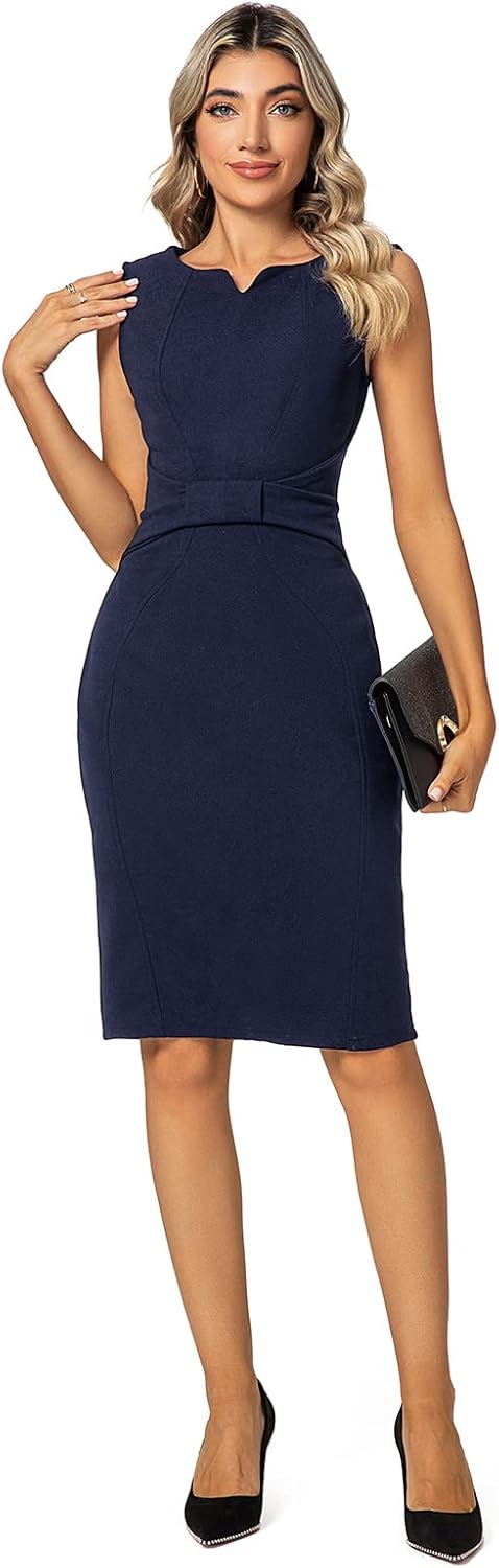 MINTLIMIT Women Sheath Dress Notch V Neck 3/4 Sleeve Bow Waist Wear to Work Pencil Dresses - TrendyLookz