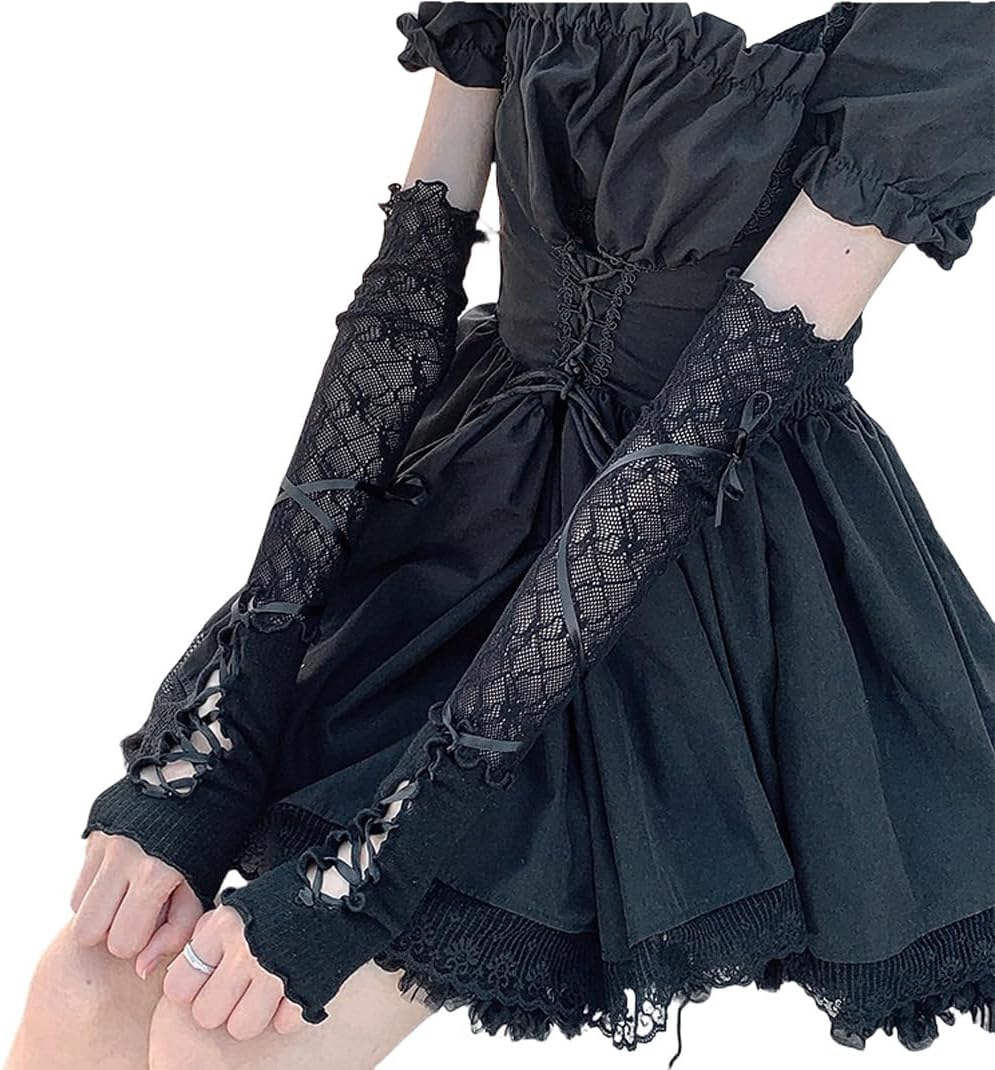 Mrotrida Women's Jk Lace Fingerless Gloves Black Gothic DIY Strapping Sunscreen Sleeve Elastic Mesh Punk Gloves - TrendyLookz