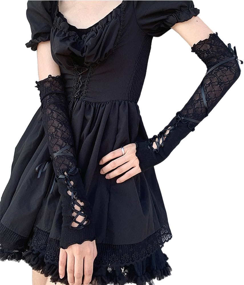Mrotrida Women's Jk Lace Fingerless Gloves Black Gothic DIY Strapping Sunscreen Sleeve Elastic Mesh Punk Gloves - TrendyLookz