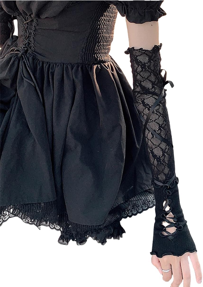 Mrotrida Women's Jk Lace Fingerless Gloves Black Gothic DIY Strapping Sunscreen Sleeve Elastic Mesh Punk Gloves - TrendyLookz