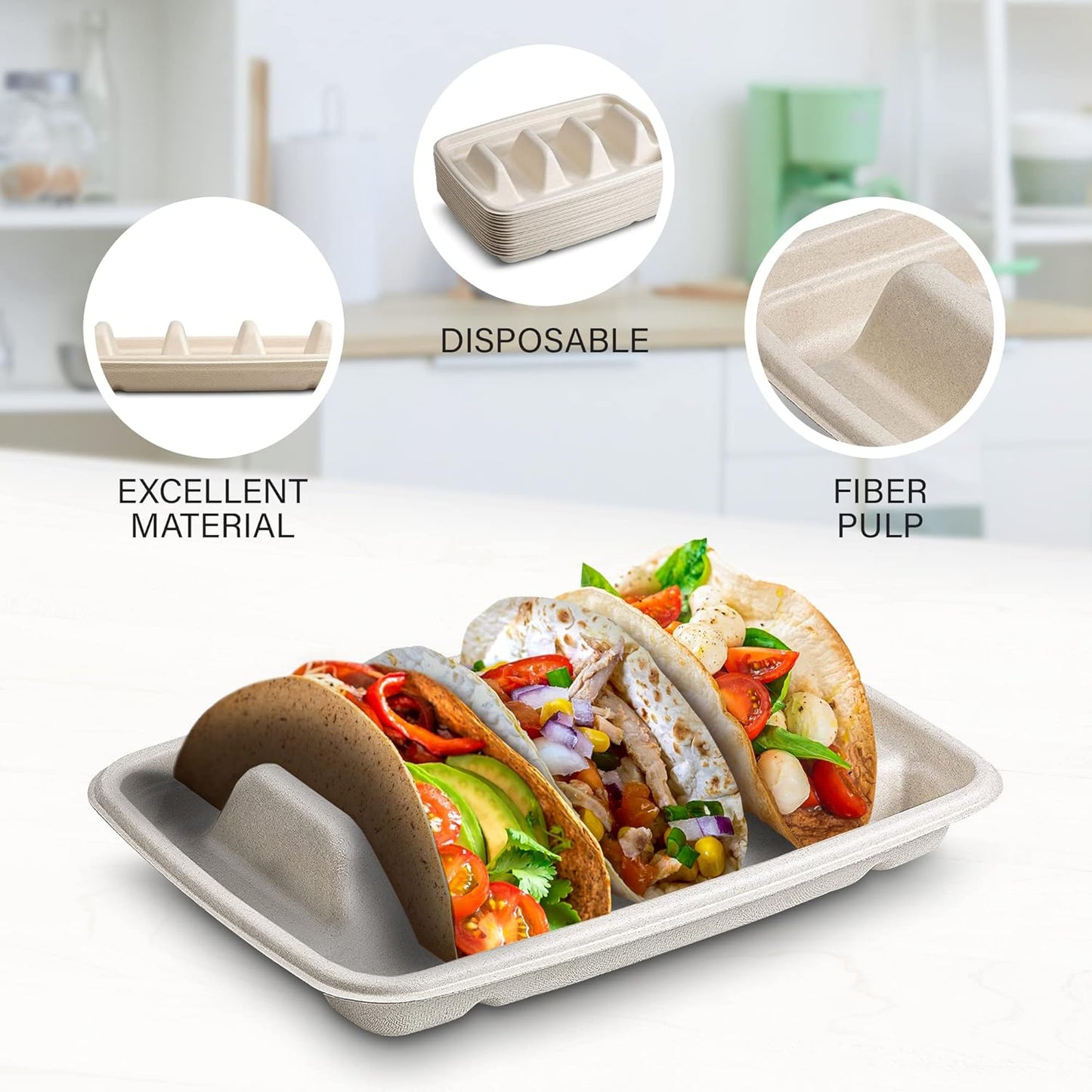 MT Products Pulp Fiber Taco Plates 8.99" x 6.52" x 1.67" - 3 Compartments Taco Holder - Pack of 15 - TrendyLookz