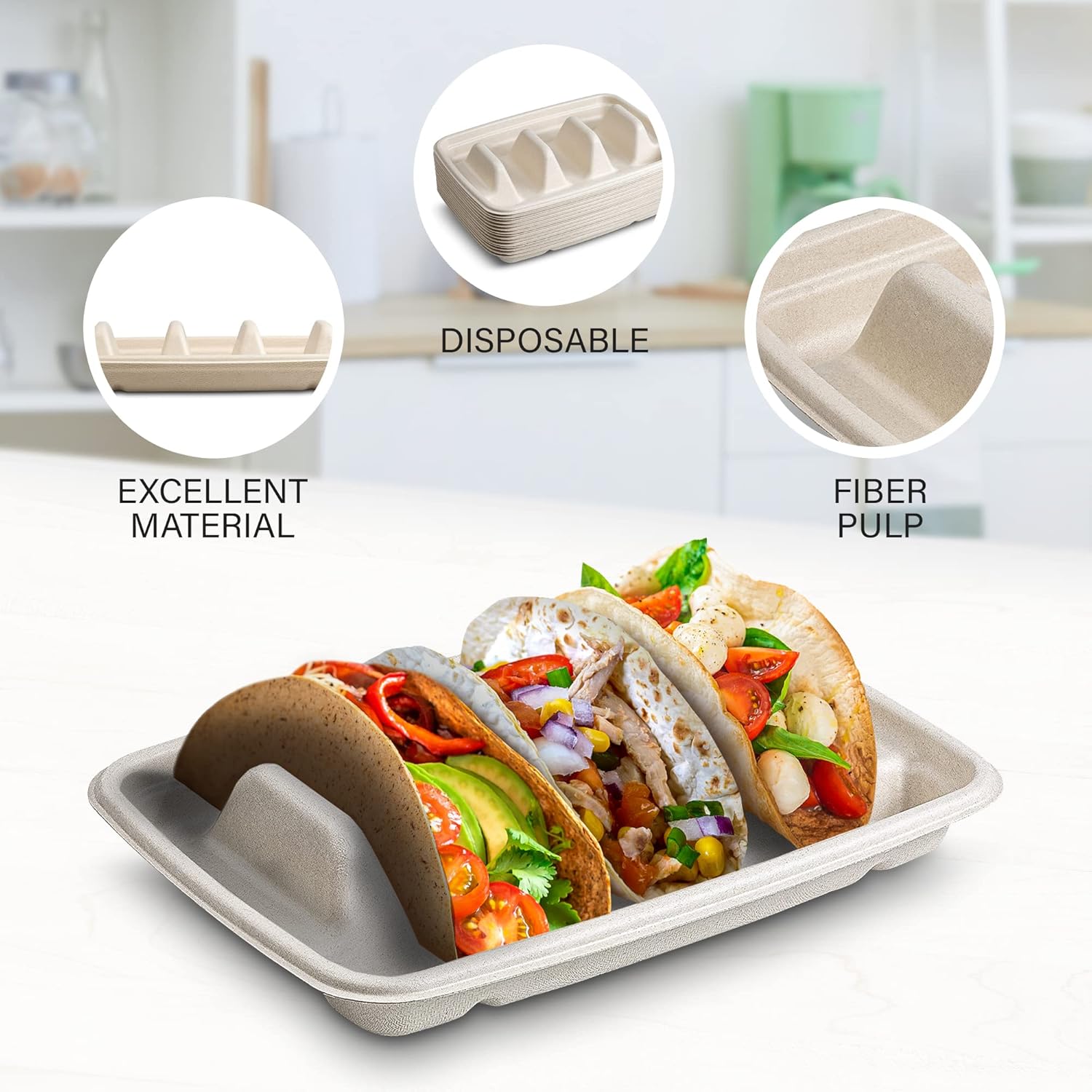 MT Products Pulp Fiber Taco Plates 8.99" x 6.52" x 1.67" - 3 Compartments Taco Holder - Pack of 15 - TrendyLookz