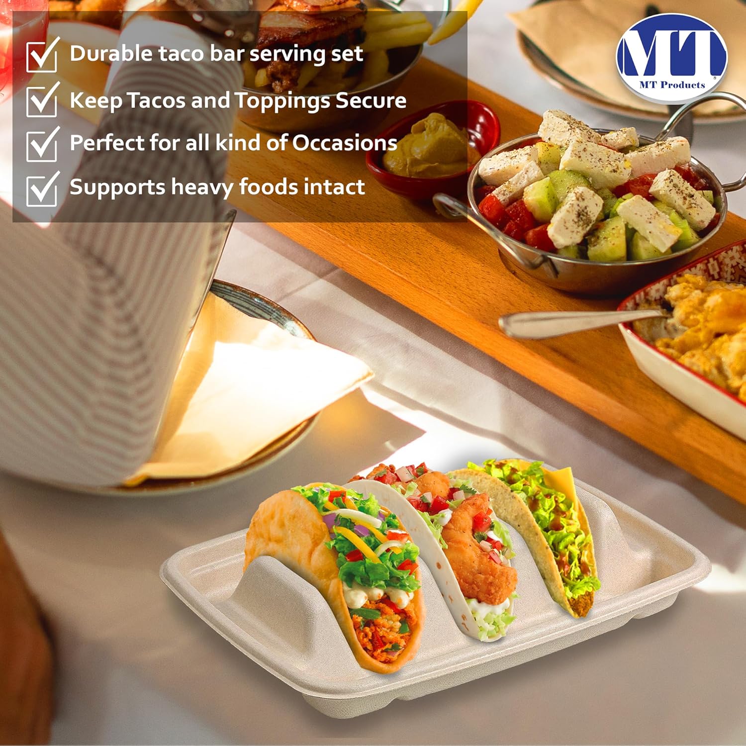 MT Products Pulp Fiber Taco Plates 8.99" x 6.52" x 1.67" - 3 Compartments Taco Holder - Pack of 15 - TrendyLookz