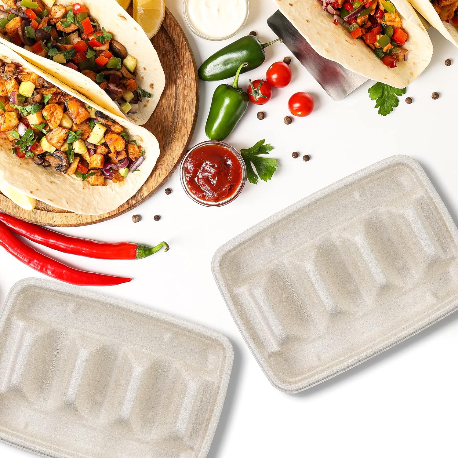 MT Products Pulp Fiber Taco Plates 8.99" x 6.52" x 1.67" - 3 Compartments Taco Holder - Pack of 15 - TrendyLookz