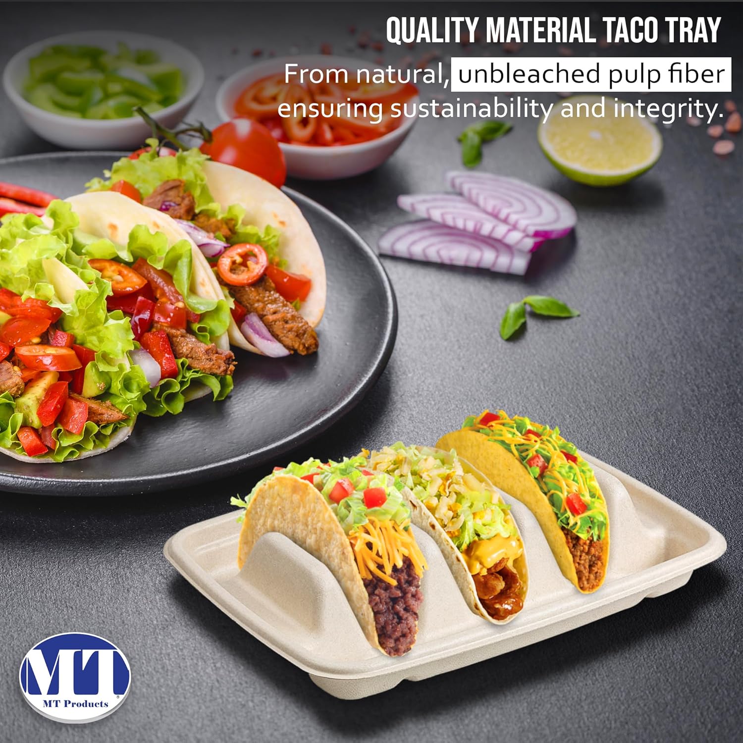MT Products Pulp Fiber Taco Plates 8.99" x 6.52" x 1.67" - 3 Compartments Taco Holder - Pack of 15 - TrendyLookz