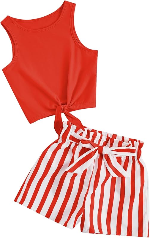 OYOANGLE Girl's 2 Piece Outfits Summer Tie Knot Tank Top and Paperbag Waist Striped Shorts Set - TrendyLookz
