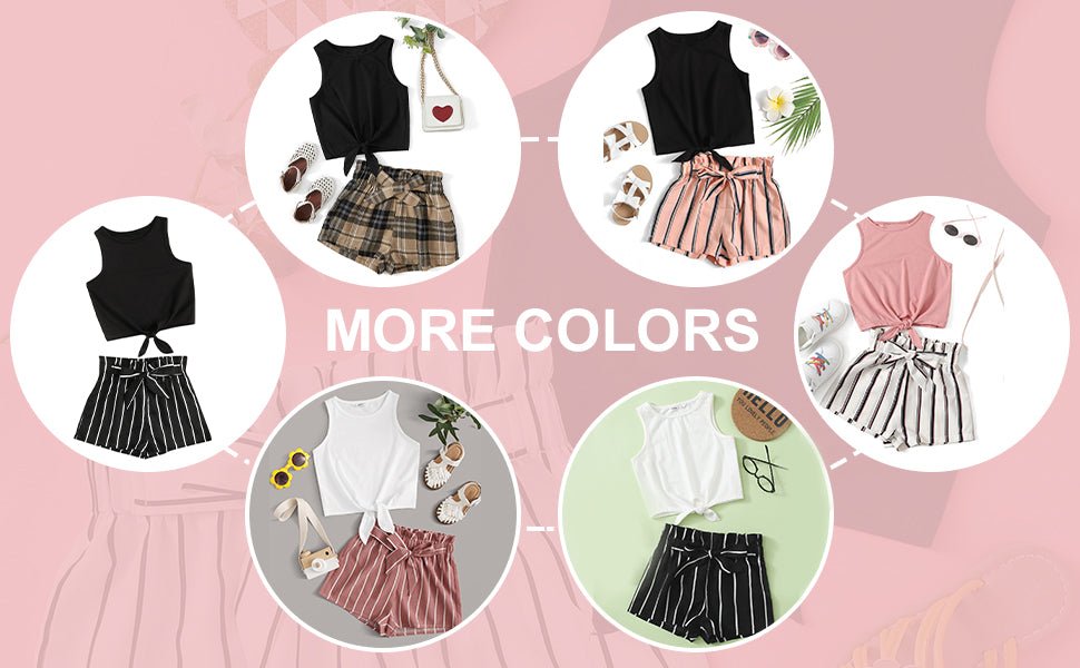 OYOANGLE Girl's 2 Piece Outfits Summer Tie Knot Tank Top and Paperbag Waist Striped Shorts Set - TrendyLookz