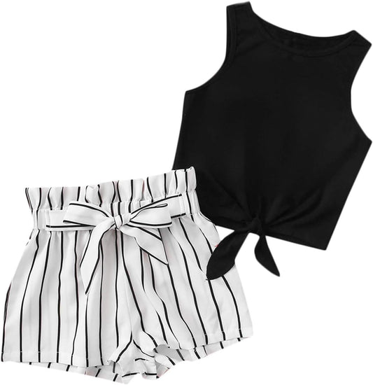 OYOANGLE Girl's 2 Piece Outfits Summer Tie Knot Tank Top and Paperbag Waist Striped Shorts Set - TrendyLookz