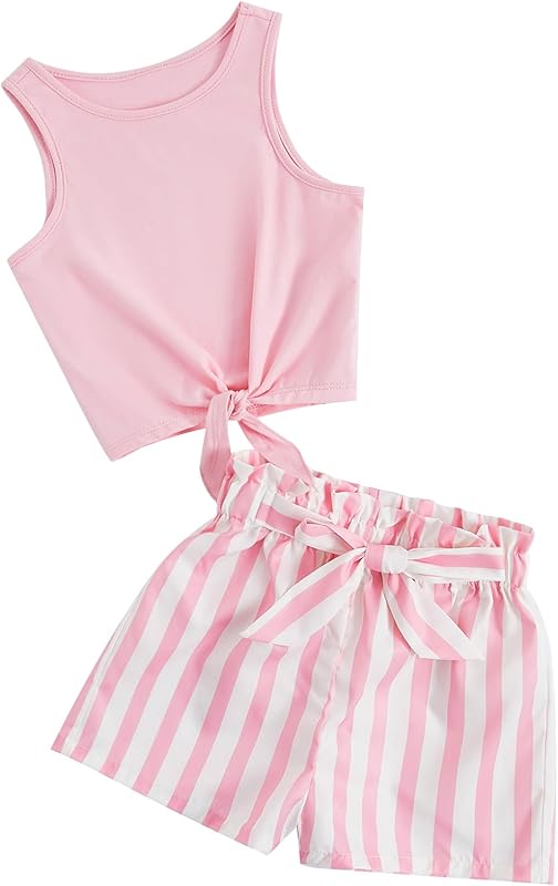 OYOANGLE Girl's 2 Piece Outfits Summer Tie Knot Tank Top and Paperbag Waist Striped Shorts Set - TrendyLookz