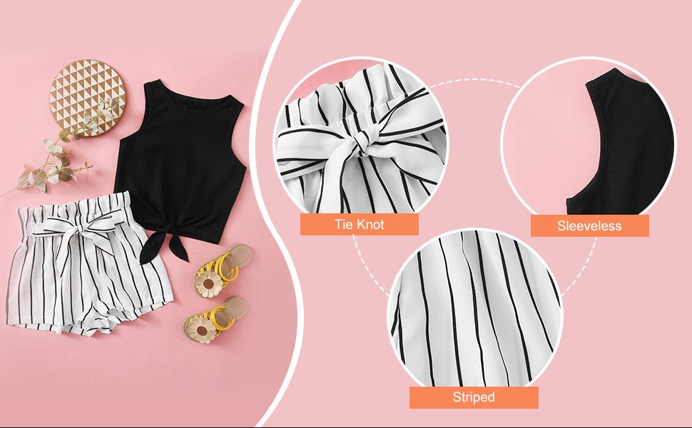 OYOANGLE Girl's 2 Piece Outfits Summer Tie Knot Tank Top and Paperbag Waist Striped Shorts Set - TrendyLookz