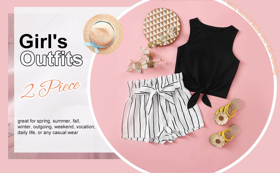 OYOANGLE Girl's 2 Piece Outfits Summer Tie Knot Tank Top and Paperbag Waist Striped Shorts Set - TrendyLookz