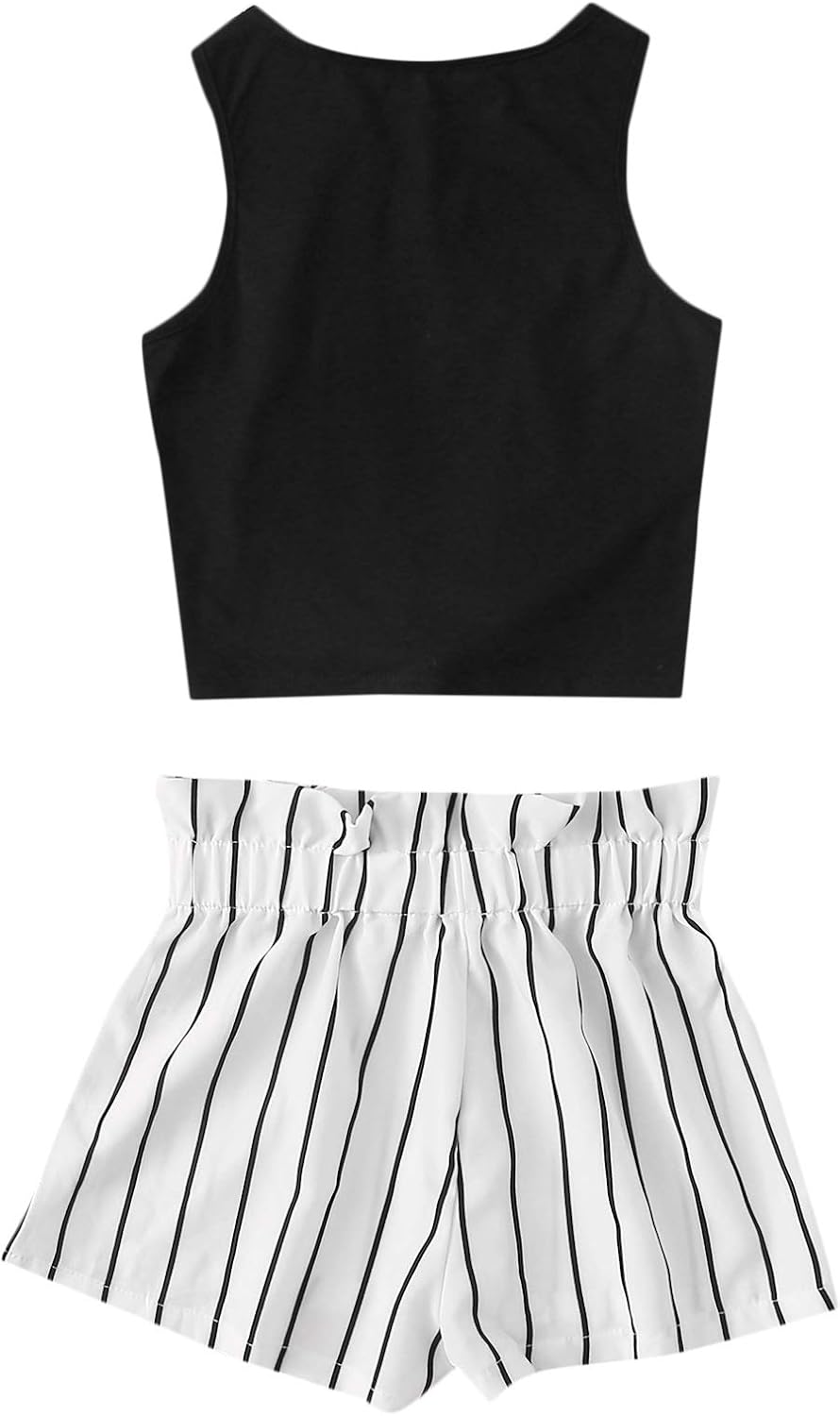 OYOANGLE Girl's 2 Piece Outfits Summer Tie Knot Tank Top and Paperbag Waist Striped Shorts Set - TrendyLookz