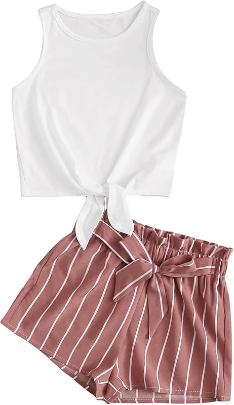 OYOANGLE Girl's 2 Piece Outfits Summer Tie Knot Tank Top and Paperbag Waist Striped Shorts Set - TrendyLookz