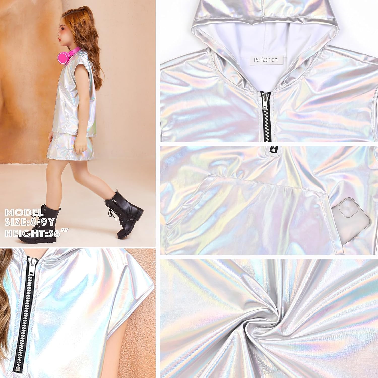 Perfashion Girls Vest Metallic Half Zip Hoodie Sleeveless Leather Disco Jackets with Kangaroo Pocket 4 - 13Y - TrendyLookz
