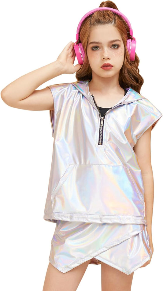 Perfashion Girls Vest Metallic Half Zip Hoodie Sleeveless Leather Disco Jackets with Kangaroo Pocket 4 - 13Y - TrendyLookz
