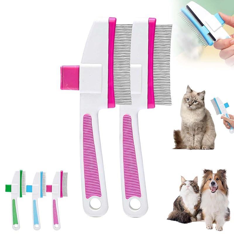 Pet Hair Removal Comb Flea Comb, Cat Brush with Release Button, Cat Grooming Brushes for Indoor Cats Shedding, Cleaning Shedding Pet Hair Remover for Dogs Cats Pet Grooming Brush Tool (Blue, 1PC) - TrendyLookz