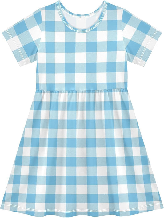 Pigsaly Girls Short Sleeve Dress Sky Blue Tartan Check Plaid Girls Summer Dress Buffalo Checkered Playwear Dresses 2T - TrendyLookz