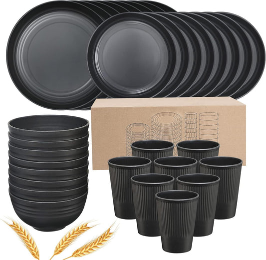 Plates and Bowls Sets for 8, 32 - Piece Kitchen Dinnerware Set for 8 Tableware Wheat Straw Dinner Plates, Dessert Plates, Bowls and Cups, Dishes Set for Home Parties Camping - Black - TrendyLookz