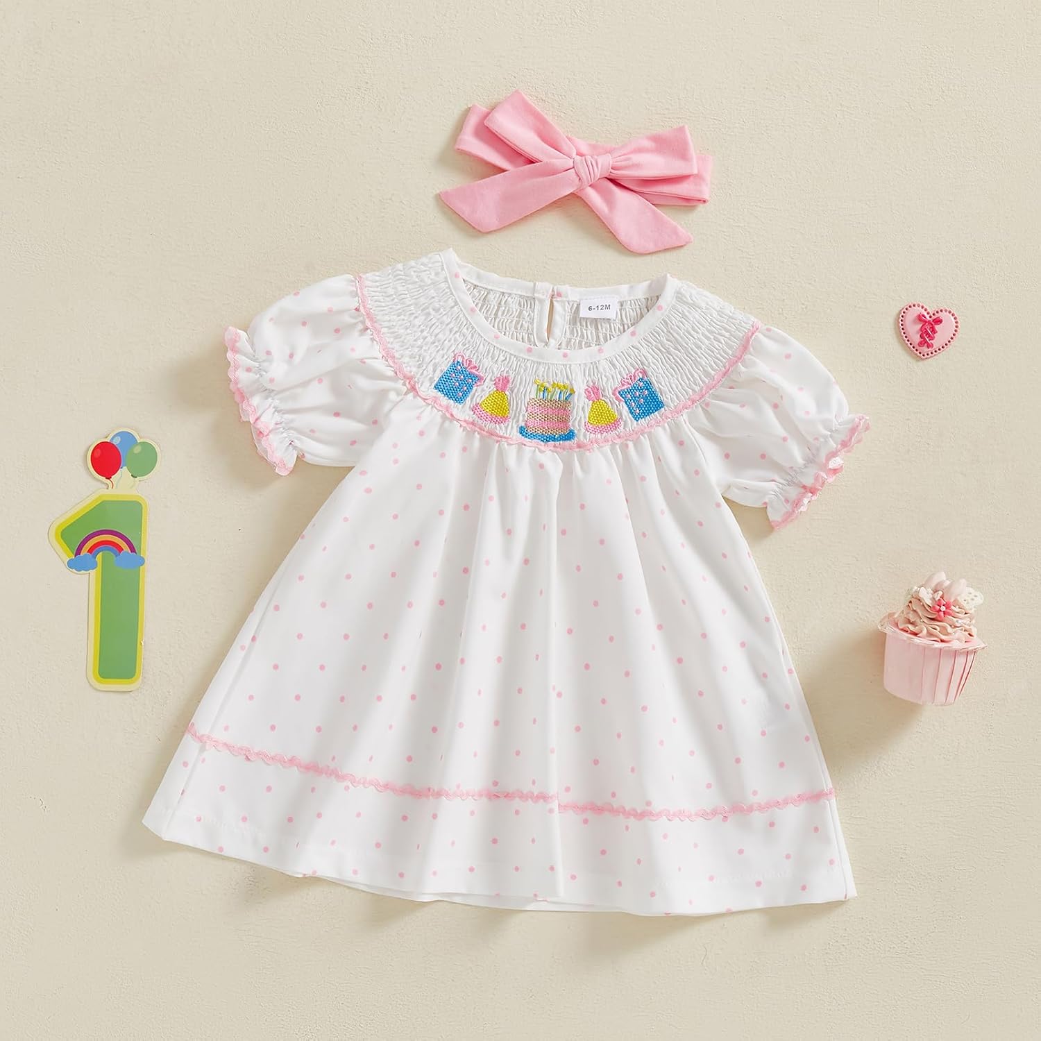 Pudcoco Toddler Baby Girls Birthday Smocked Bishop Dress Polka Dot Embroidery Short Sleeve A - line Pleated Dress - TrendyLookz