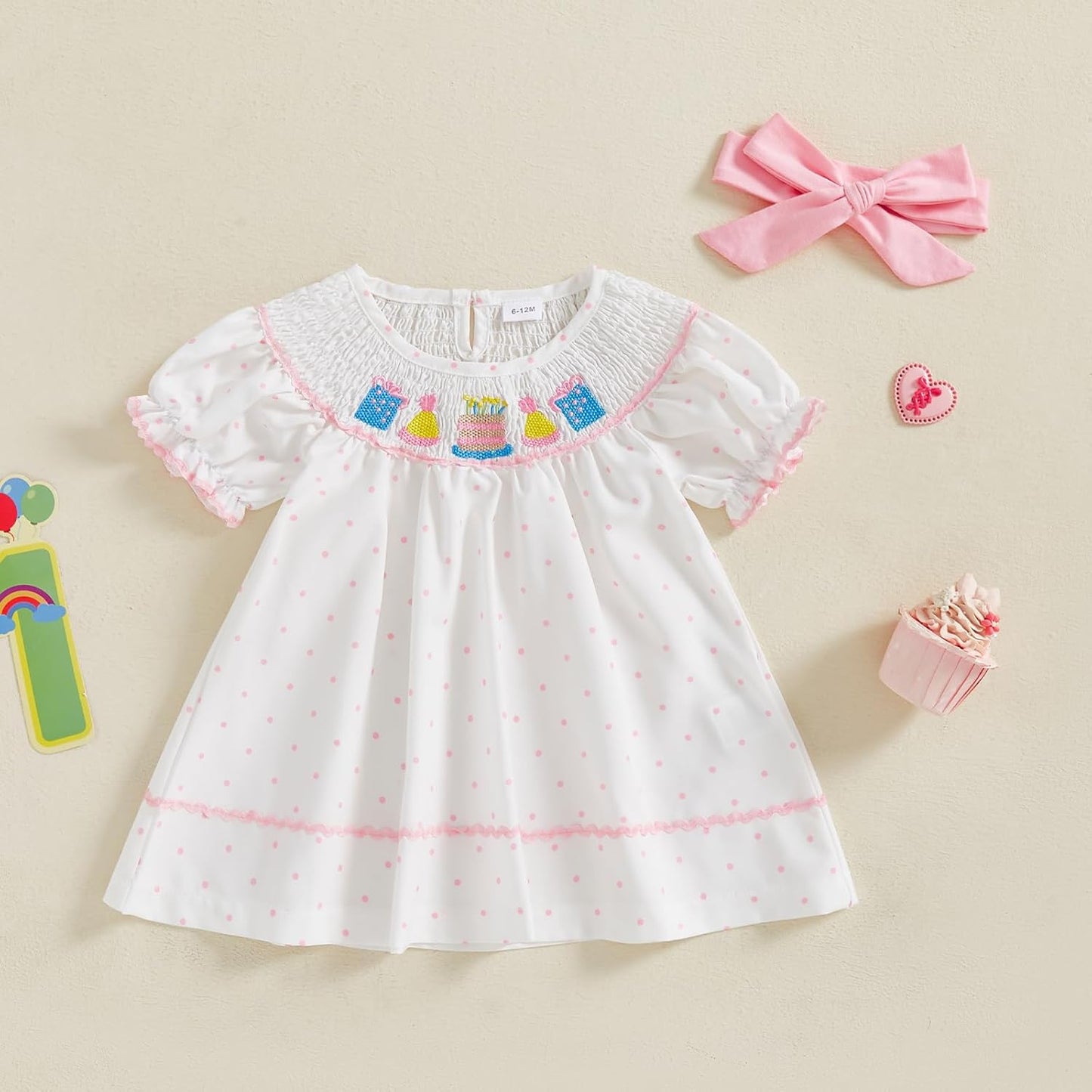 Pudcoco Toddler Baby Girls Birthday Smocked Bishop Dress Polka Dot Embroidery Short Sleeve A - line Pleated Dress - TrendyLookz