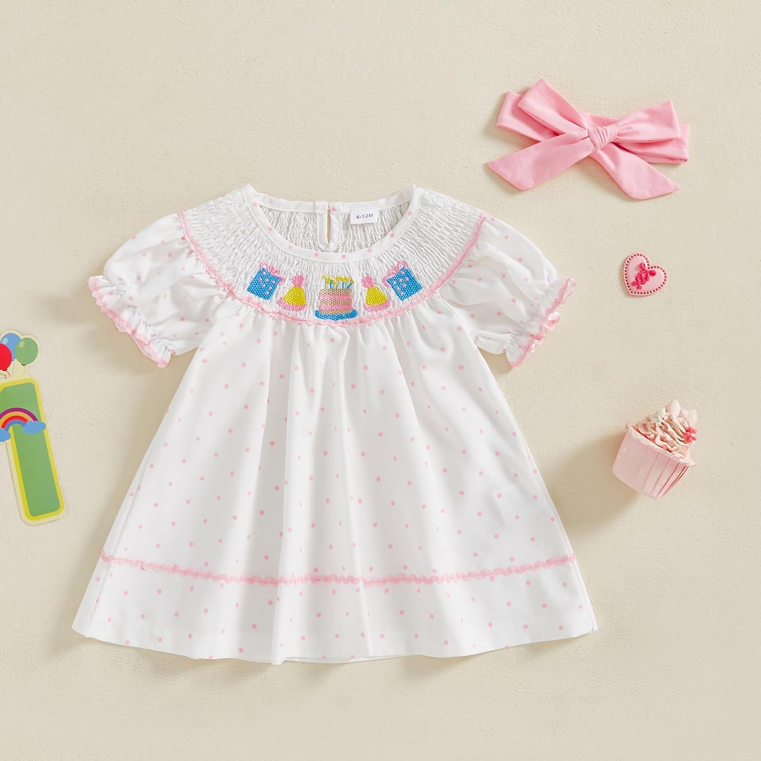 Pudcoco Toddler Baby Girls Birthday Smocked Bishop Dress Polka Dot Embroidery Short Sleeve A - line Pleated Dress - TrendyLookz