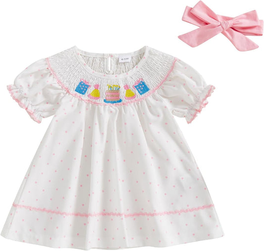 Pudcoco Toddler Baby Girls Birthday Smocked Bishop Dress Polka Dot Embroidery Short Sleeve A - line Pleated Dress - TrendyLookz
