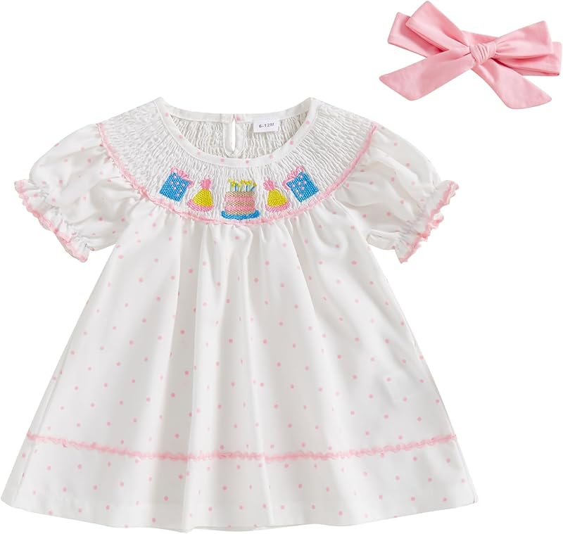 Pudcoco Toddler Baby Girls Birthday Smocked Bishop Dress Polka Dot Embroidery Short Sleeve A - line Pleated Dress - TrendyLookz