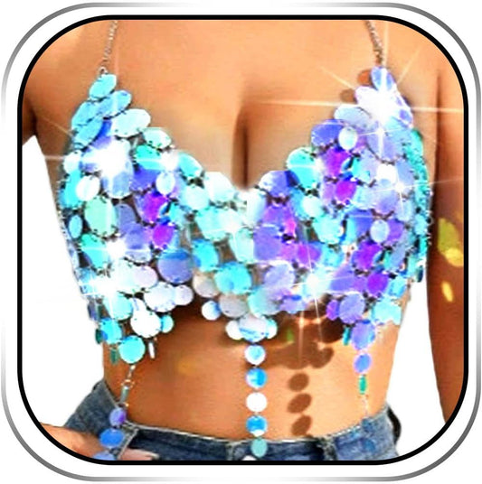 REETAN Sparkly Sequin Bra Top Iridescent Body Chain Rave Outfit for Women - TrendyLookz