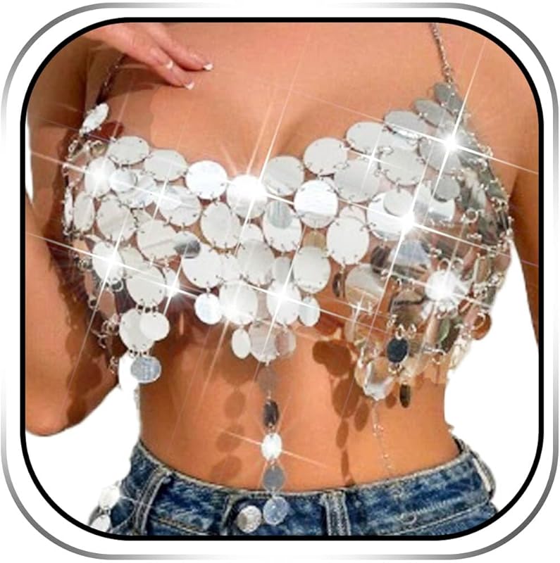REETAN Sparkly Sequin Bra Top Iridescent Body Chain Rave Outfit for Women - TrendyLookz