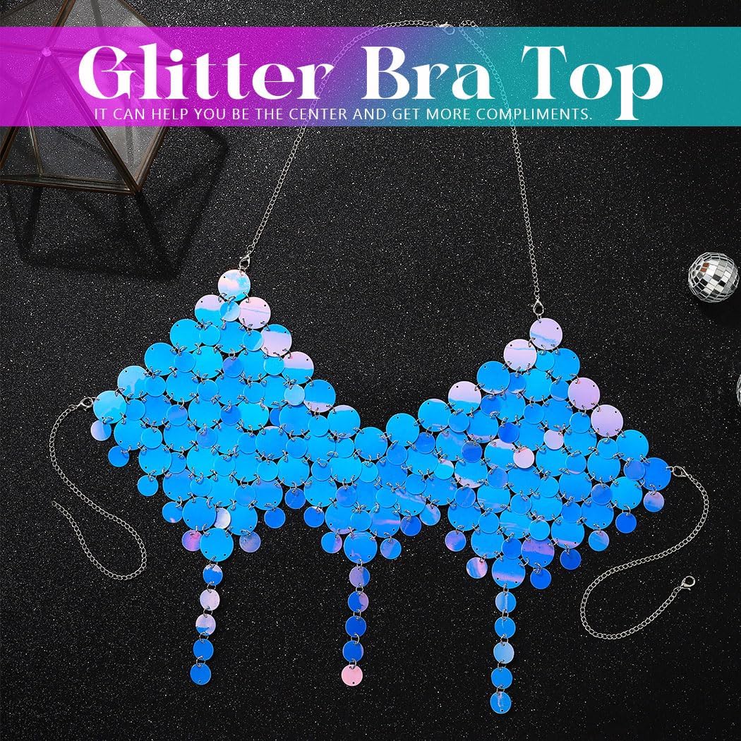 REETAN Sparkly Sequin Bra Top Iridescent Body Chain Rave Outfit for Women - TrendyLookz