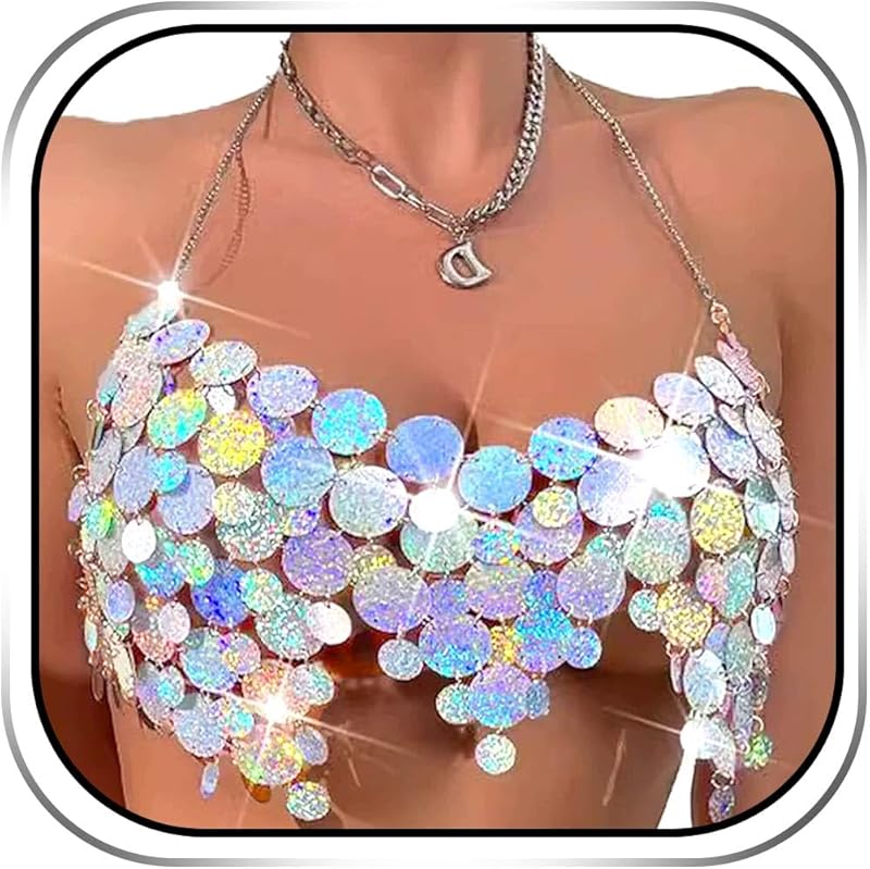 REETAN Sparkly Sequin Bra Top Iridescent Body Chain Rave Outfit for Women - TrendyLookz