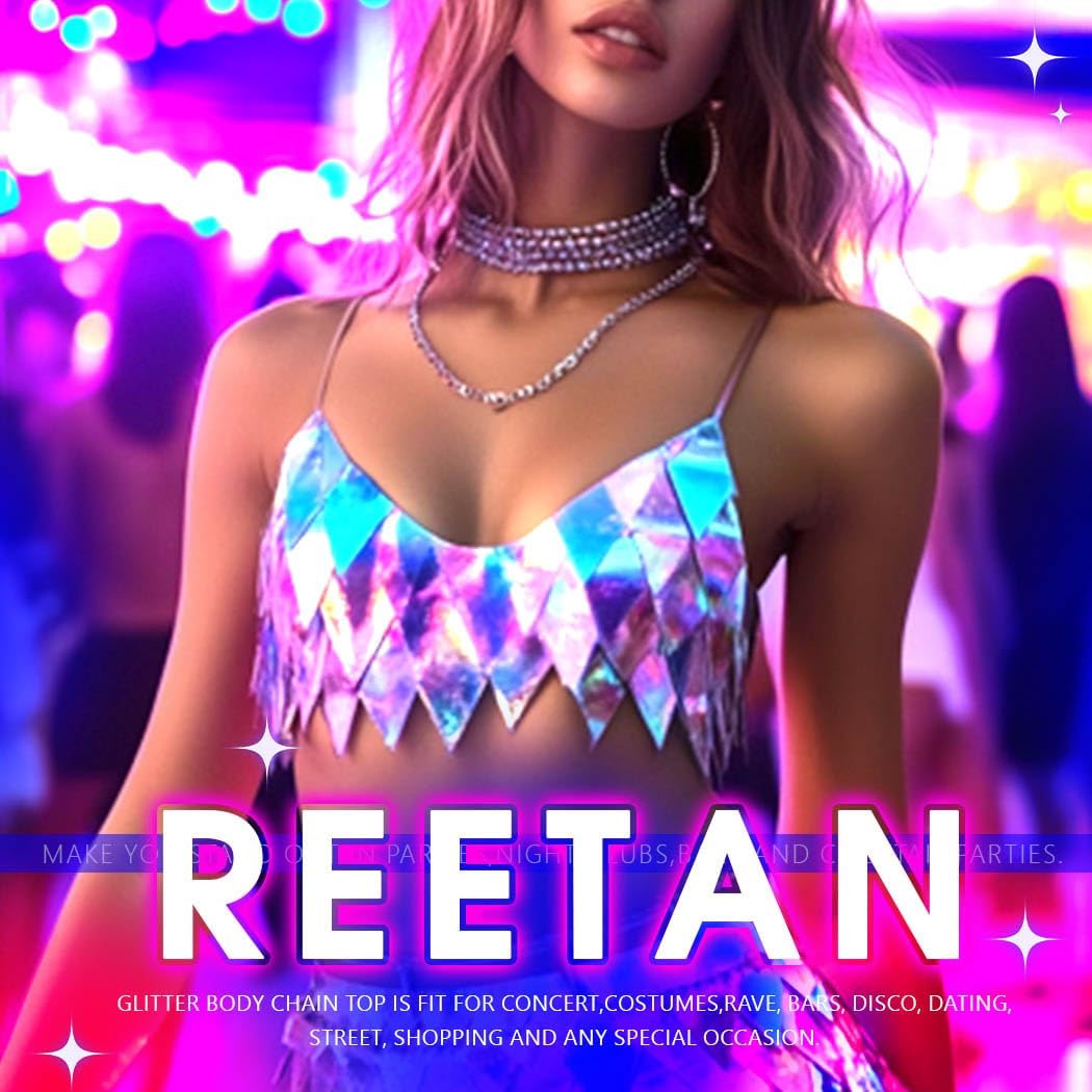 REETAN Sparkly Sequin Bra Top Iridescent Body Chain Rave Outfit for Women - TrendyLookz