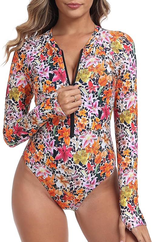 RELLECIGA Women's One Piece Swimsuits Long Sleeve Rash Guard UV Protection Surfing Swimsuit Bathing Suit - TrendyLookz
