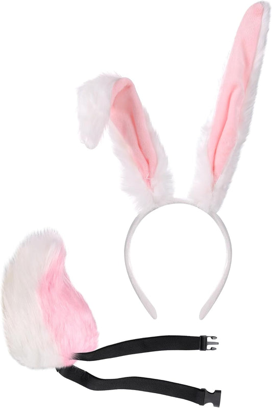 Roicaholy Rabbit Ears Tail Set - Fluffy Faux Fur Bendable Tail | Ears Headband Bunny Animal Costume for Halloween Easter - TrendyLookz