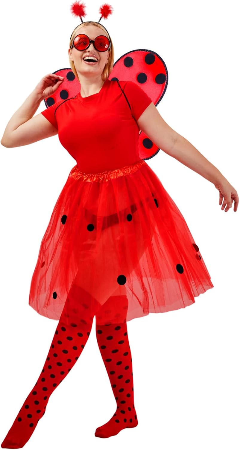 SATINIOR Ladybug Costume Accessories Tutu Skirt Ladybug Wings Antenna Headband Striped Knee Thigh High Socks Party Favor - TrendyLookz